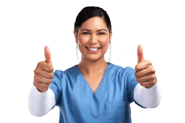 Portrait, thumbs up and motivation with a nurse woman isolated on a transparent background for healthcare. Medical, thank you and support with a young medicine professional saying yes to like on PNG