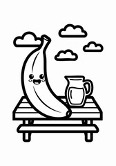 Cute Banana Cartoon Character with Pitcher on Picnic Table.