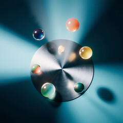 Glowing marbles circle a floating mirror on deep teal with gentle light beams. Sleek, sci‑fi, high‑color motion.