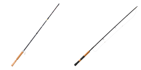 Two distinct fishing rods, equipment for angling, represented with clarity and precision on transparent background