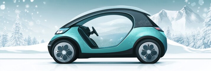 Creative abstract winter automotive background with autonomous driving car in snowy landscape for futuristic commercial advertising design and seasonal poster concepts.