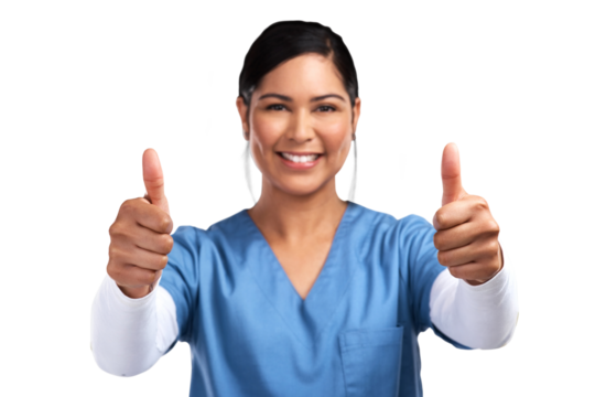 Portrait, thumbs up and motivation with a nurse woman isolated on a transparent background for healthcare. Medical, thank you and support with a young medicine professional saying yes to like on PNG