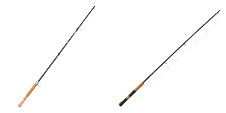 Two distinct fishing rods, equipment for angling, represented with clarity and precision on transparent background