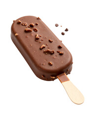 Obraz premium A rich chocolate popsicle coated in crunchy nuts, isolated on a transparent background. This image is perfect for summer themes, ice cream promotions, or as a high-quality food mockup.