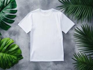 white t-short styled flat on a gray concrete surface with exotic tropical leaves nearby.