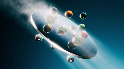 Glowing marbles circle a floating mirror on deep teal with gentle light beams. Sleek, sci‑fi, high‑color motion.