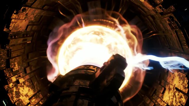 Hydrogen molecules splitting into protons and electrons, energy glowing outward in bursts like micro-supernovas