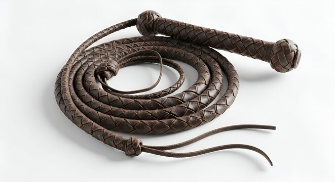 Meticulously handcrafted brown leather whip, intricately braided and coiled, with a robust handle, isolated on a clean white background, highlighting its classic and durable design