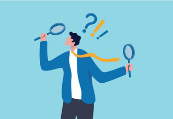 Observation or examination, curiosity to discover secret, search or analyze information, investigate or research concept, curious businessman holding magnifying glass observe data with question mark