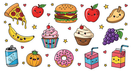 "Hand-Drawn Colorful Food Doodles in Fun Cartoon Style"