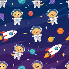 Cute golden retriever puppies in astronaut suits floating among rockets planets and stars in space