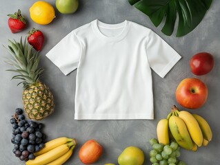 white t-short styled flat on a gray concrete surface with exotic fruits nearby.