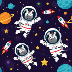 Cute cartoon zebras in astronaut suits exploring space with rockets and planets Fun kids adventure concept