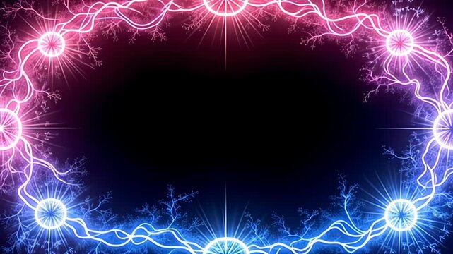 As a radiant glow pulsates, the Mystic Border Frame forming from magical sigils emerges, enveloped by luminous pinks and electric blues, cascading in sinuous waves, generating a dreamlike