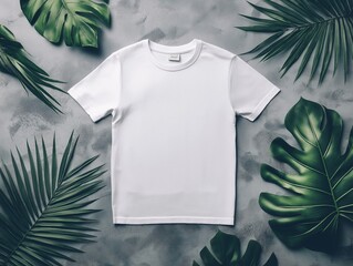 white t-short styled flat on a gray concrete surface with exotic tropical leaves nearby.