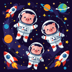 Cartoon pigs in space suits rockets planets and stars illustrate cosmic adventure