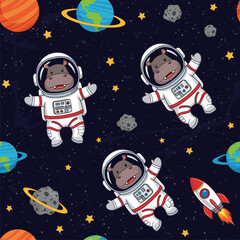 Playful cartoon hippos in astronaut suits floating in space with planets stars and rockets Fun adventure
