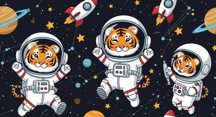Adorable tiger astronauts float joyfully in space amidst rockets planets and stars Childhood adventure
