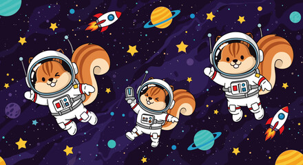Happy cartoon astronaut squirrels float in starry space with planets and rockets Fun educational design