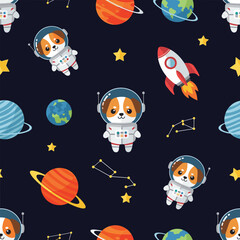 Cute astronaut dogs and rockets explore planets in a whimsical space pattern