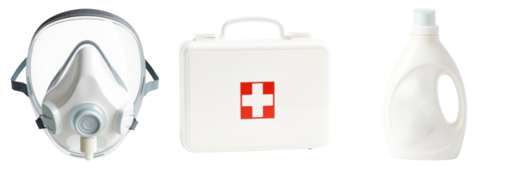 Collection of safety and cleaning equipment featuring a mask, first aid kit and bottle on transparent background