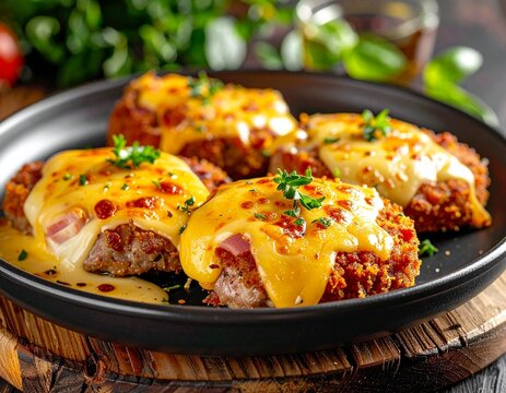 Veal escalopes baked with ham and yellow cheese