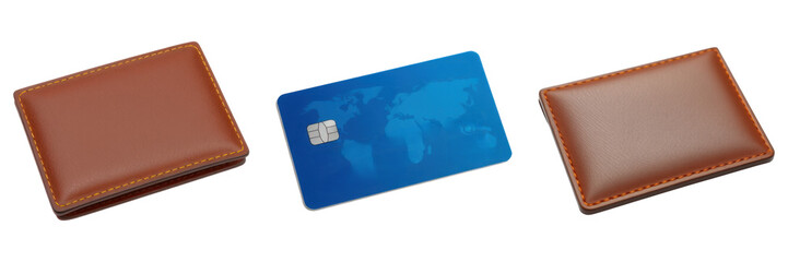 Stylish brown wallets flanking a blue credit card showcasing global connectivity on transparent background