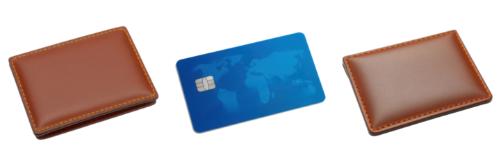 Stylish brown wallets flanking a blue credit card showcasing global connectivity on transparent background