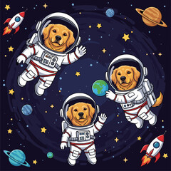 Happy golden retrievers explore outer space as astronauts surrounded by planets and rockets Adventure joy