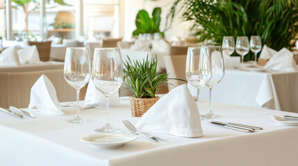 Elegant dining setup with neatly arranged tables, white tablecloths, glassware, and decorative plants creating sophisticated atmosphere