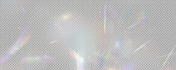Set of rainbow light flares, reflection effect, falling confetti. Light rainbow lights with transparent effect, sparkling prism, stripe overlay, rainbow crystal, vector, png.