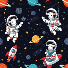 Whimsical cartoon astronaut goats explore a starry space with rockets and planets Ideal for kids