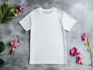 white t-short styled flat on a gray concrete surface with exotic fruits nearby.