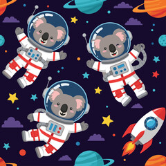 Cute koala astronauts explore outer space with planets and a rocket perfect for kids themes