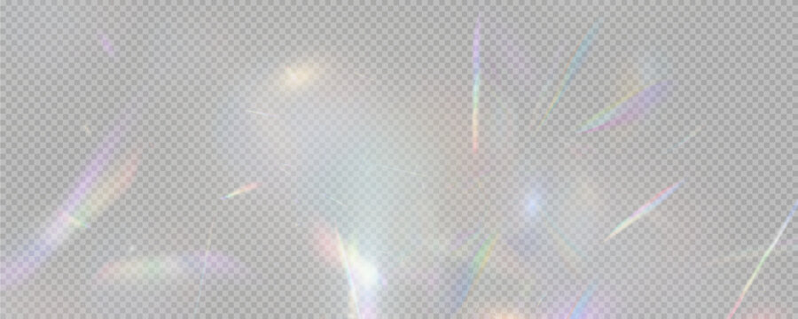 Set of rainbow light flares, reflection effect, falling confetti. Light rainbow lights with transparent effect, sparkling prism, stripe overlay, rainbow crystal, vector, png.