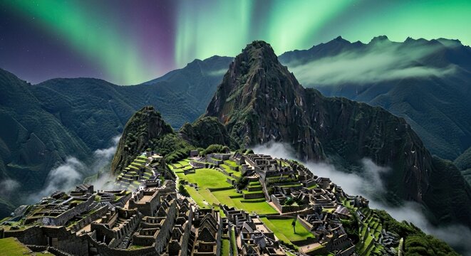Machu Picchu Under the Aurora Borealis - A Majestic Andean Vista.