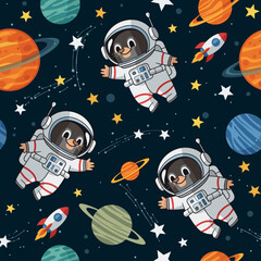 Cute cartoon moles in astronaut suits float happily in space with planets stars and rockets