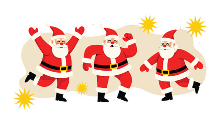 Joyful Santa Claus characters dancing and celebrating holiday spirit with festive cheer and vibrant energy