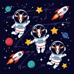 Cartoon astronaut goats float happily in starry space with rockets and colorful planets Childhood dream concept