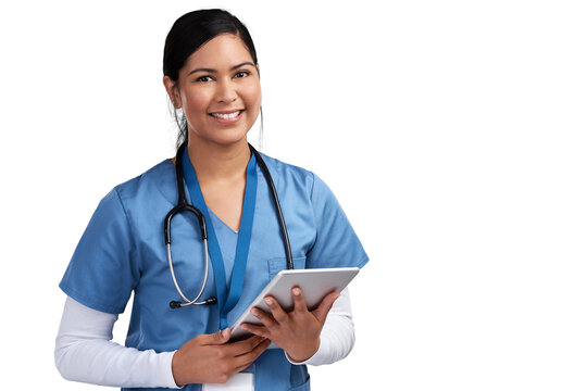 Doctor, tablet and woman in portrait isolated on transparent, png background for telehealth service or paperless management. Happy face of medical worker, nurse or person with digital technology