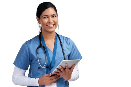 Doctor, tablet and woman in portrait isolated on transparent, png background for telehealth service or paperless management. Happy face of medical worker, nurse or person with digital technology - Powered by Adobe