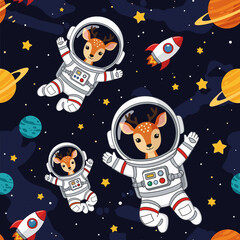 Cute deer astronauts explore the cosmos surrounded by planets and stars Childhood adventure