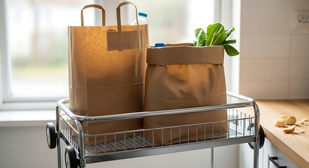 Fresh groceries delivered in reusable shopping bags on kitchen cart