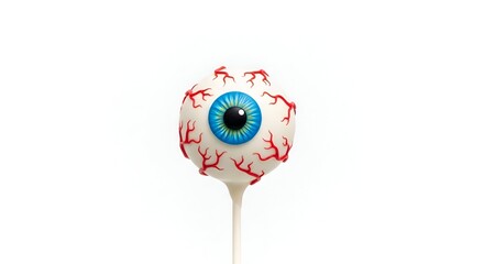 Spooky Halloween eyeball cake pop with intricate red bloodshot veins, isolated on a clean white background