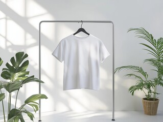 white T-shirt hanging on a metal rack with a clean white studio background, perfect for a product photoshoot, modern room with plants background