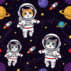 Cute astronaut cats explore the whimsical universe among planets rockets and stars Space adventure