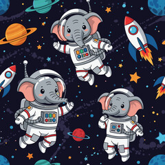 Cute cartoon elephants as astronauts explore space with rockets and planets Fun adventure education