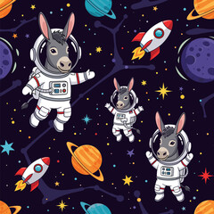 Whimsical cartoon astronaut donkeys explore space amidst planets rockets and stars Kids adventure