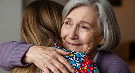 Elderly Woman Embraces Young Woman With Love And Affection.