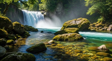 Majestic Waterfall Cascading Through Lush Green Forest and Rocky Riverbed.